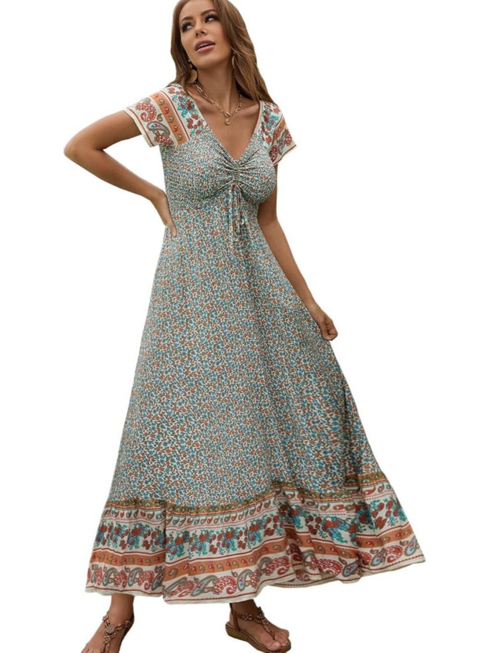 Women Apricot Blue Floral Smocked Maxi Boho Flowy Tiered A-Line Party Long Dress